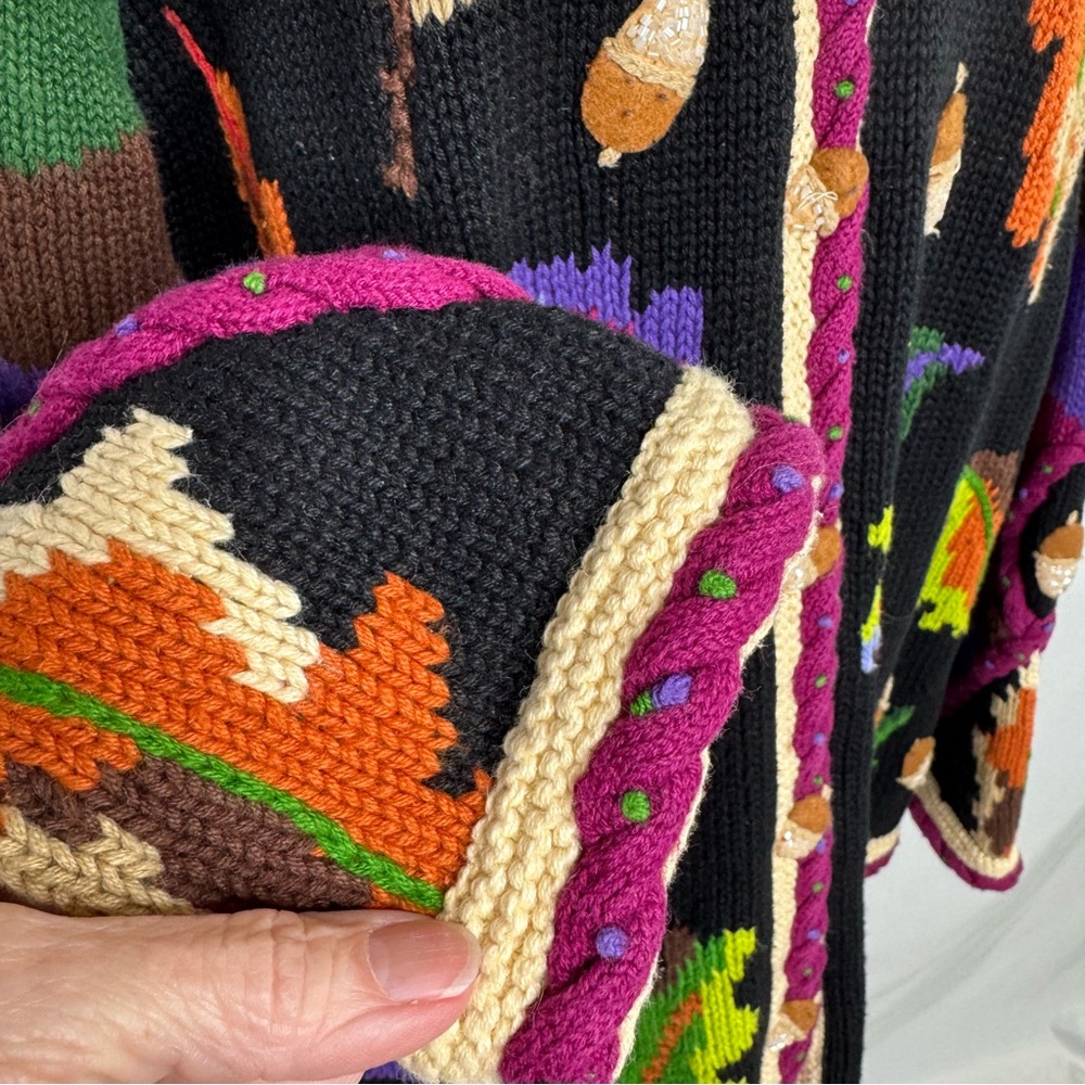 Storybook Knits Black Fall Cardigan with Vibrant Colors and Ornate Details Med - Picture 6 of 10